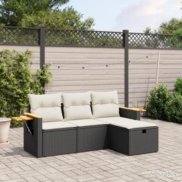 Salon de jardin 4 pcs avec coussins noir rsine tresse