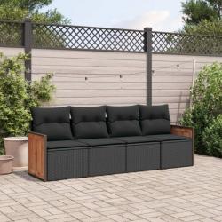 Salon de jardin 4 pcs avec coussins noir résine tressée