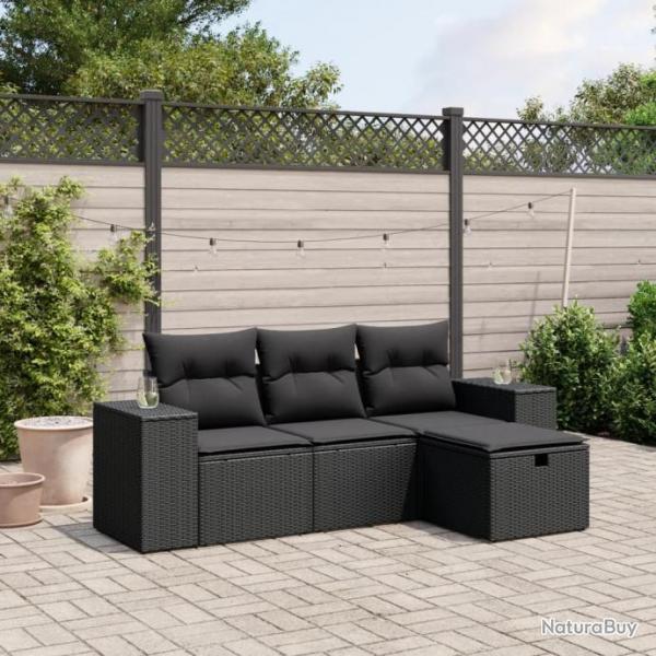 Salon de jardin 4 pcs avec coussins noir rsine tresse