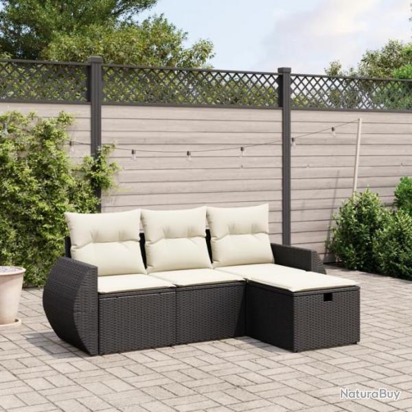 Salon de jardin 4 pcs avec coussins noir rsine tresse