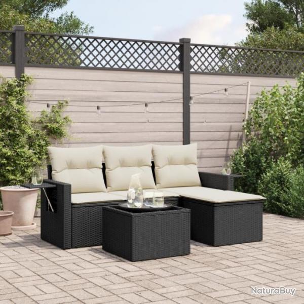 Salon de jardin 4 pcs avec coussins noir rsine tresse