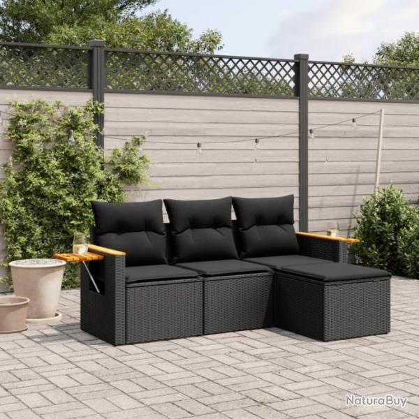 Salon de jardin 4 pcs avec coussins noir rsine tresse