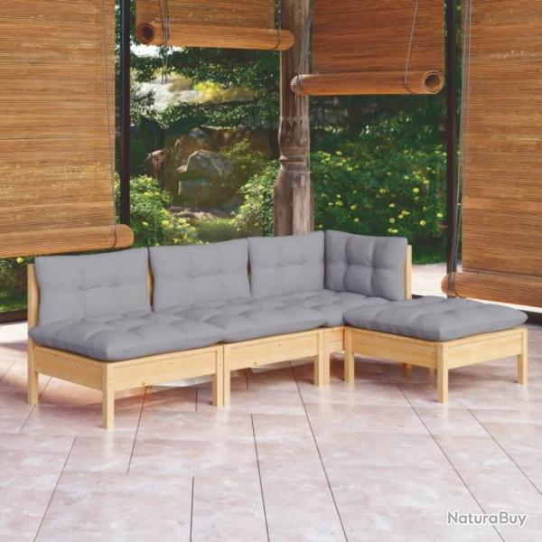 Salon de jardin 4 pcs avec coussins gris bois de pin