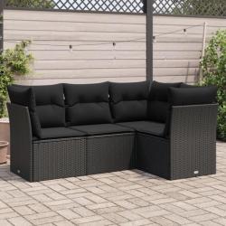 Salon de jardin 4 pcs avec coussins noir résine tressée