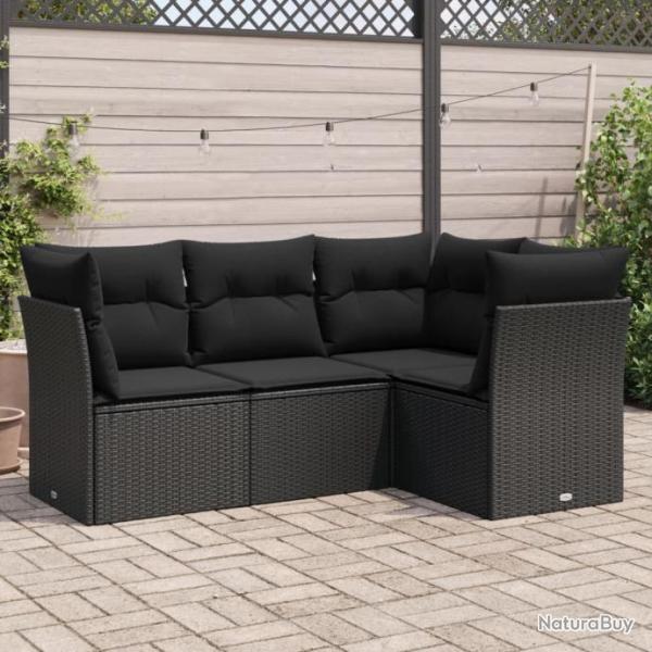 Salon de jardin 4 pcs avec coussins noir rsine tresse