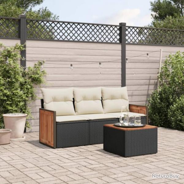 Salon de jardin 4 pcs avec coussins noir rsine tresse