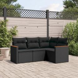 Salon de jardin 4 pcs avec coussins noir résine tressée