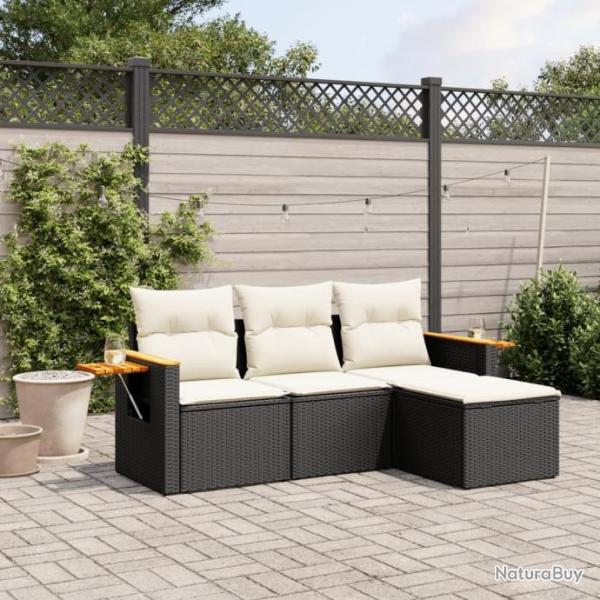 Salon de jardin 4 pcs avec coussins noir rsine tresse