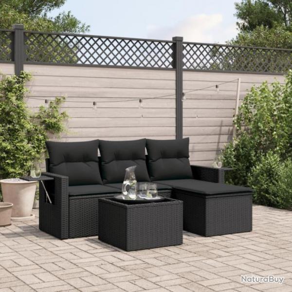 Salon de jardin 4 pcs avec coussins noir rsine tresse