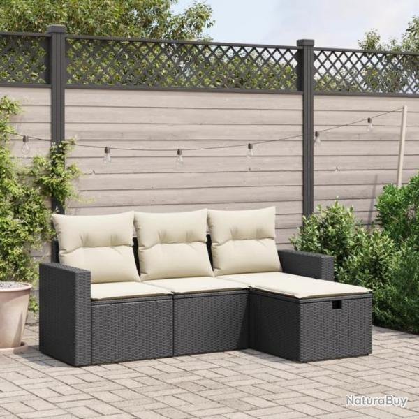 Salon de jardin 4 pcs avec coussins noir rsine tresse