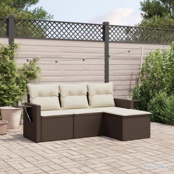 Salon de jardin 4 pcs avec coussins marron rsine tresse