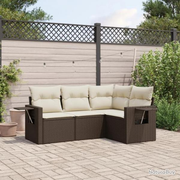 Salon de jardin 4 pcs avec coussins marron rsine tresse