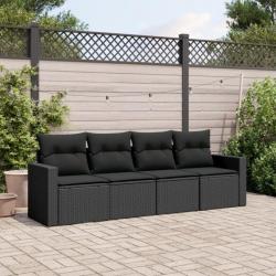 Salon de jardin 4 pcs avec coussins noir résine tressée