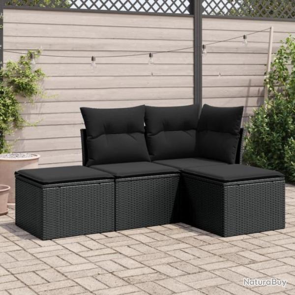 Salon de jardin 4 pcs avec coussins noir rsine tresse