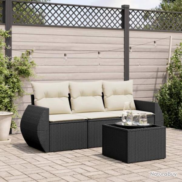 Salon de jardin 4 pcs avec coussins noir rsine tresse