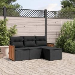 Salon de jardin 4 pcs avec coussins noir résine tressée