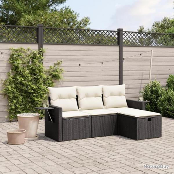 Salon de jardin 4 pcs avec coussins noir rsine tresse