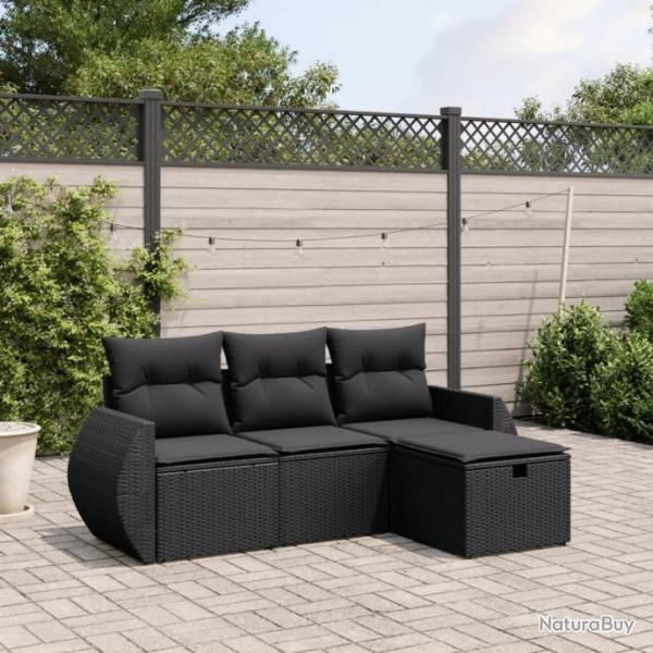 Salon de jardin 4 pcs avec coussins noir rsine tresse