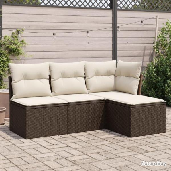 Salon de jardin 4 pcs avec coussins marron rsine tresse