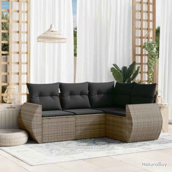 Salon de jardin 4 pcs avec coussins gris rsine tresse