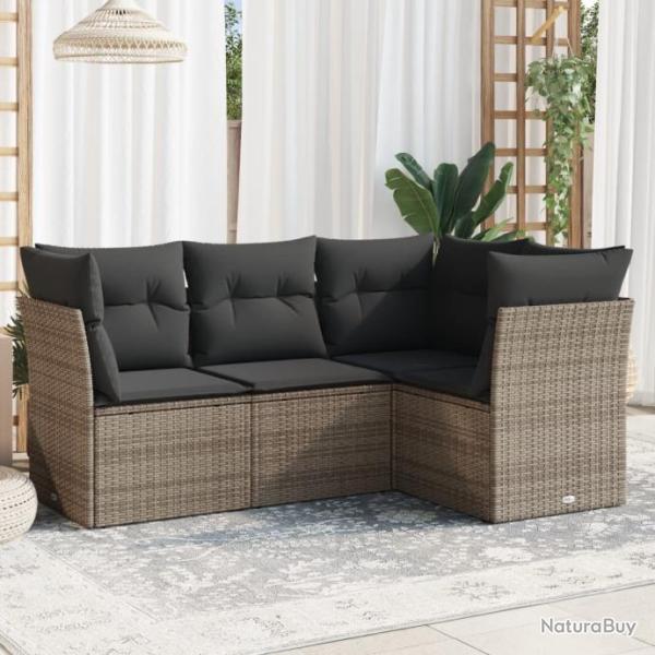 Salon de jardin 4 pcs avec coussins gris rsine tresse