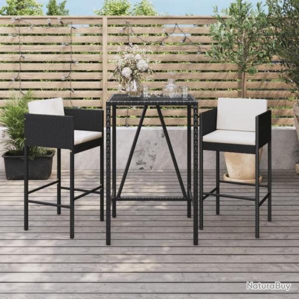 Ensemble de bar de jardin 3 pcs avec coussins noir poly rotin