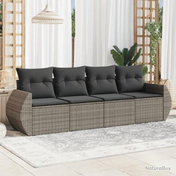 Salon de jardin 4 pcs avec coussins gris rsine tresse