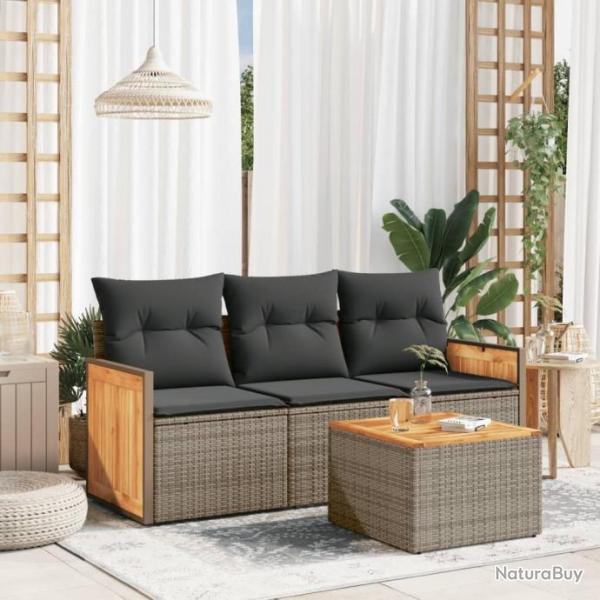 Salon de jardin 4 pcs avec coussins gris rsine tresse