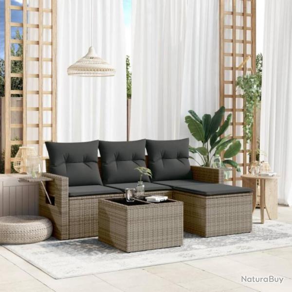 Salon de jardin 4 pcs avec coussins gris rsine tresse