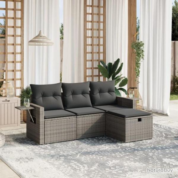 Salon de jardin 4 pcs avec coussins gris rsine tresse