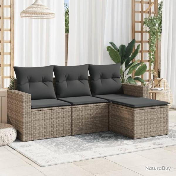 Salon de jardin 4 pcs avec coussins gris rsine tresse