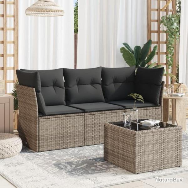 Salon de jardin 4 pcs avec coussins gris rsine tresse