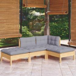 Salon de jardin 4 pcs avec coussins gris bois de pin massif