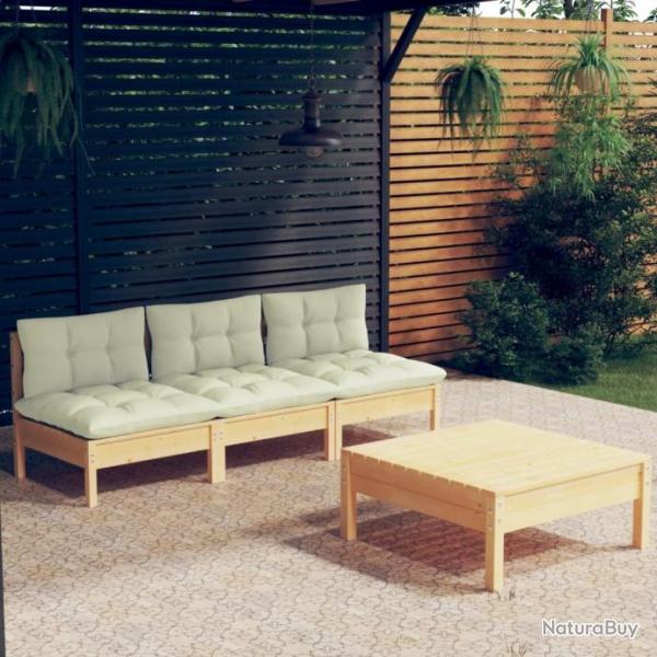 Salon de jardin 4 pcs avec coussins crme bois de pin