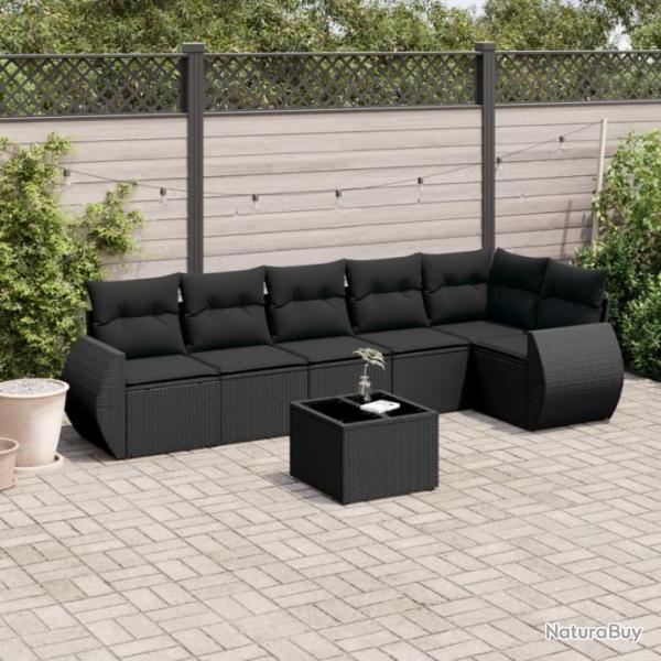 Salon de jardin 7 pcs avec coussins noir rsine tresse