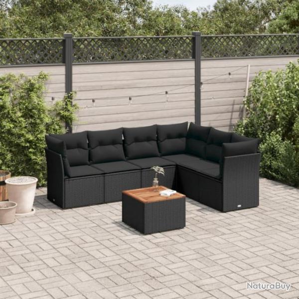 Salon de jardin 7 pcs avec coussins noir rsine tresse