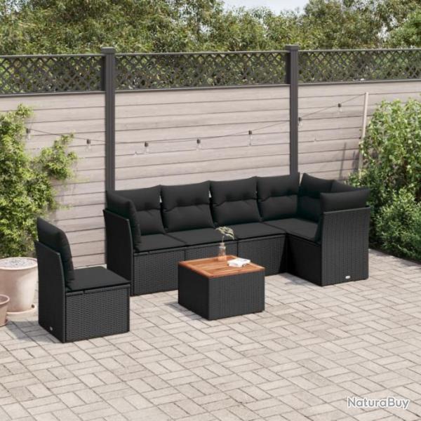 Salon de jardin 7 pcs avec coussins noir rsine tresse