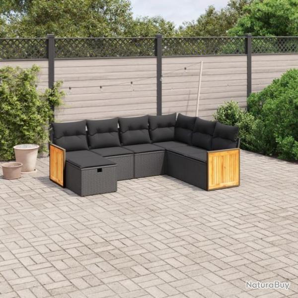 Salon de jardin 7 pcs avec coussins noir rsine tresse