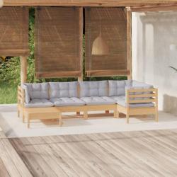 Salon de jardin 6 pcs avec coussins gris bois de pin massif