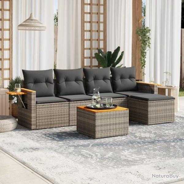 Salon de jardin 6 pcs avec coussins gris rsine tresse