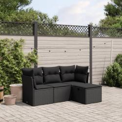 Salon de jardin 4 pcs avec coussins noir résine tressée