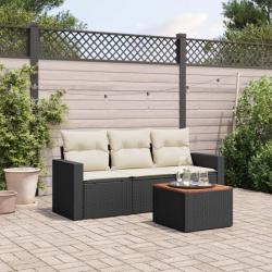 Salon de jardin 4 pcs avec coussins noir résine tressée