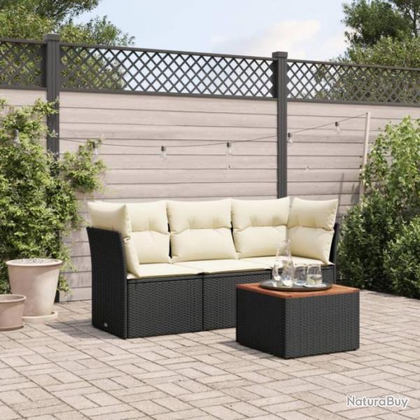 Salon de jardin 4 pcs avec coussins noir rsine tresse