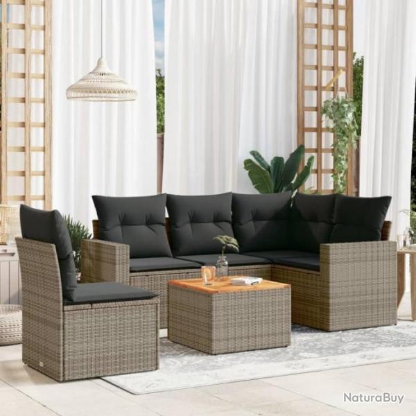 Salon de jardin 6 pcs avec coussins gris rsine tresse