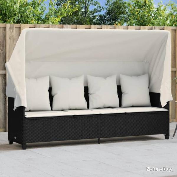 Chaise longue avec auvent et coussins noir rsine tresse