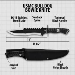 Couteau United Cutlery USMC Bulldog Bowie Lame Acier 3Cr13 Manche Polypropylene Etui Nylon UC3616