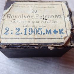 Boite de collection + 20 cartouches de collection pour revolver suisse 1872/78 calibre 10,4 mm