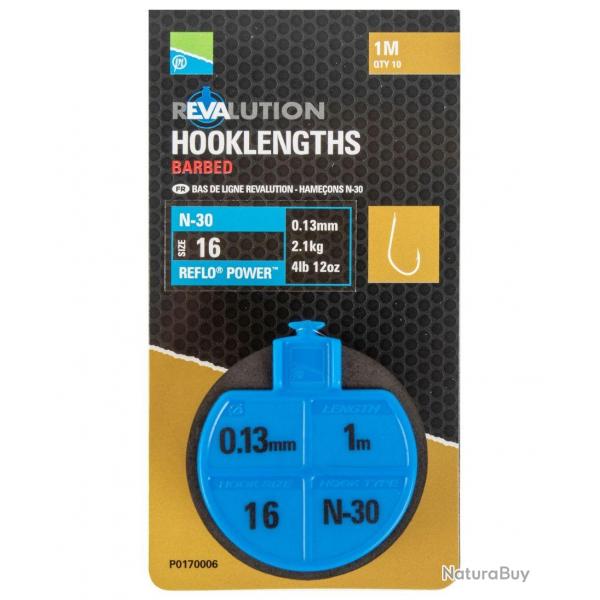 PRESTON BAS DE LIGNE REVALUTION N30 HOOKLENGTHS 1M PRESTON 0,13mm 16