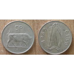 Irlande 5 Pence 1969 Eire Piece Harpe Instrument Musique Animal Pences