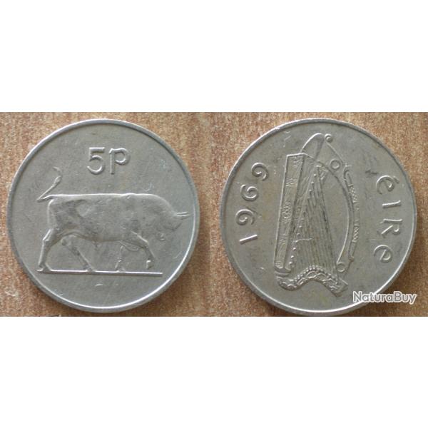 Irlande 5 Pence 1969 Eire Piece Harpe Instrument Musique Animal Pences